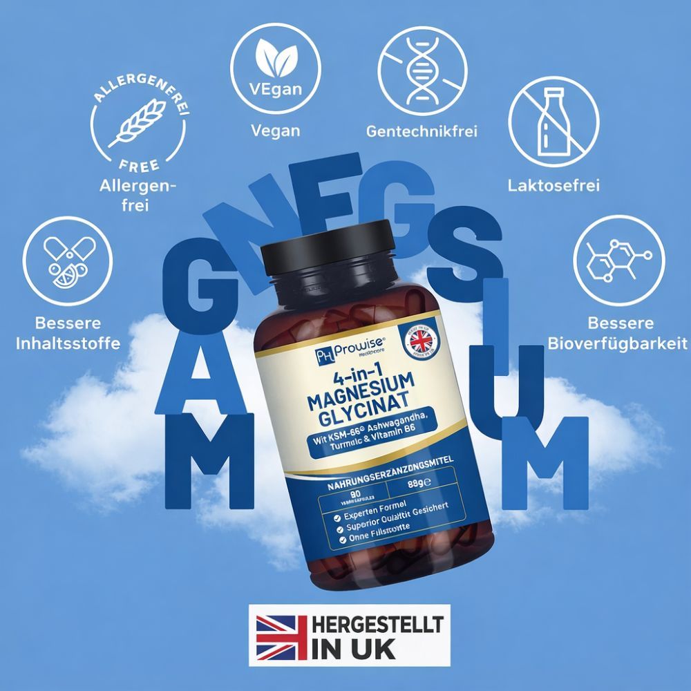 Braune Flasche mit Kapseln. Aufschrift: 4-in-1 Magnesiumglycinat mit KSM-66® Ashwagandha, Kurkuma & Vitamin B6. Siegel: Vegan, Glutenfrei, Gentechnikfrei, Laktosefrei.
