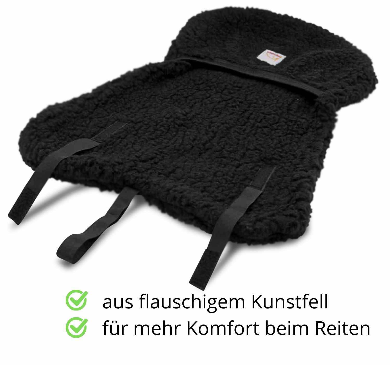 Schwarzer Sattelsitzbezug mit Klettbändern. Text: aus flauschigem Kunstfell, für mehr Komfort beim Reiten.