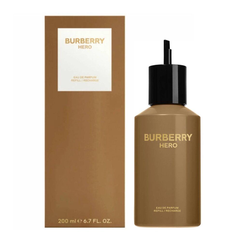 Braune Flasche und Verpackung. Schwarzer Verschluss. Text: Burberry Hero Eau de Parfum Nachfüllpackung.