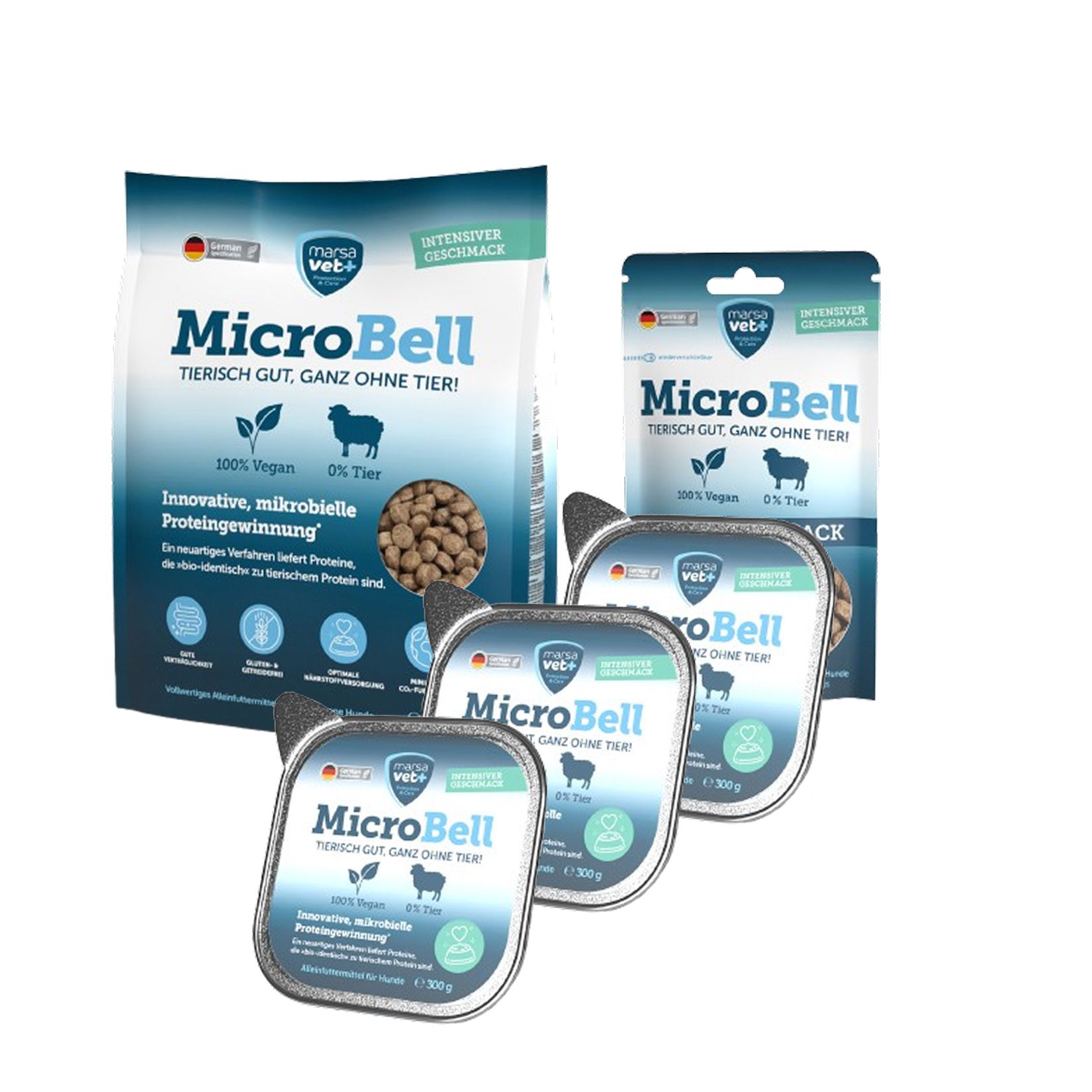 Marsavet Veganes Hundefutter-Set. Beutel und Schalen mit Futter. Aufdrucke: MicroBell, 100% Vegan, 0% Tier. Mit mikrobiellem Protein.