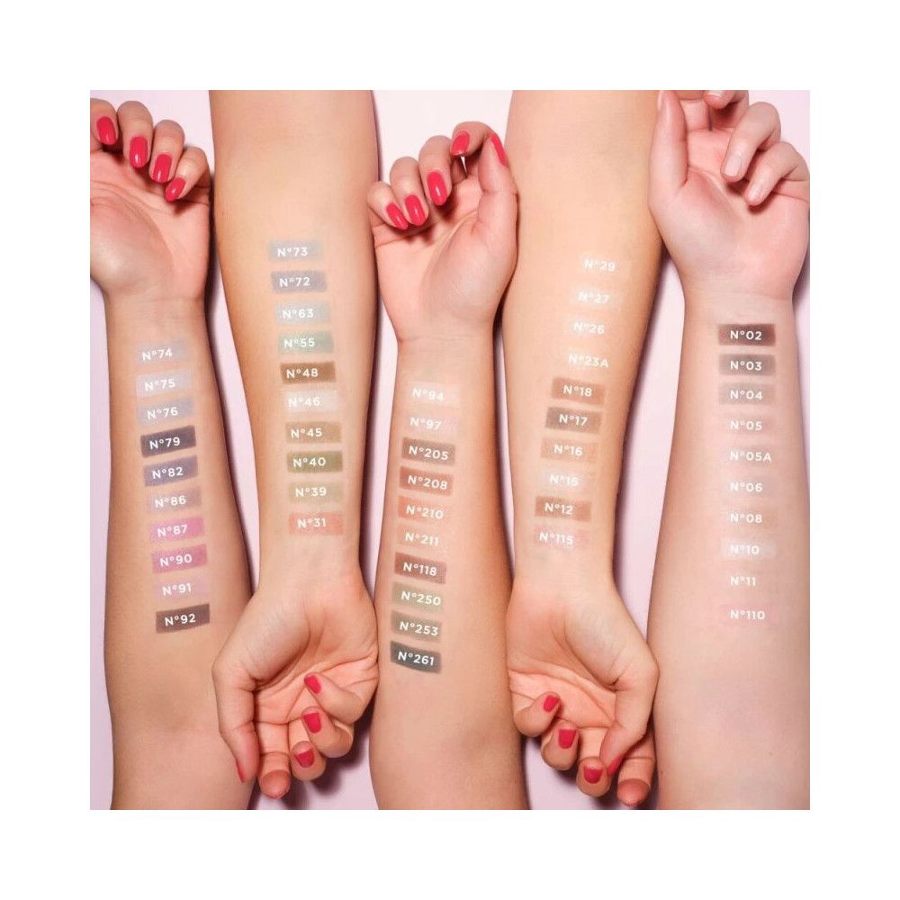 Arme mit verschiedenen Artdeco Pearl Eyeshadow-Farben auf der Haut. Die Farben sind mit Nummern versehen.