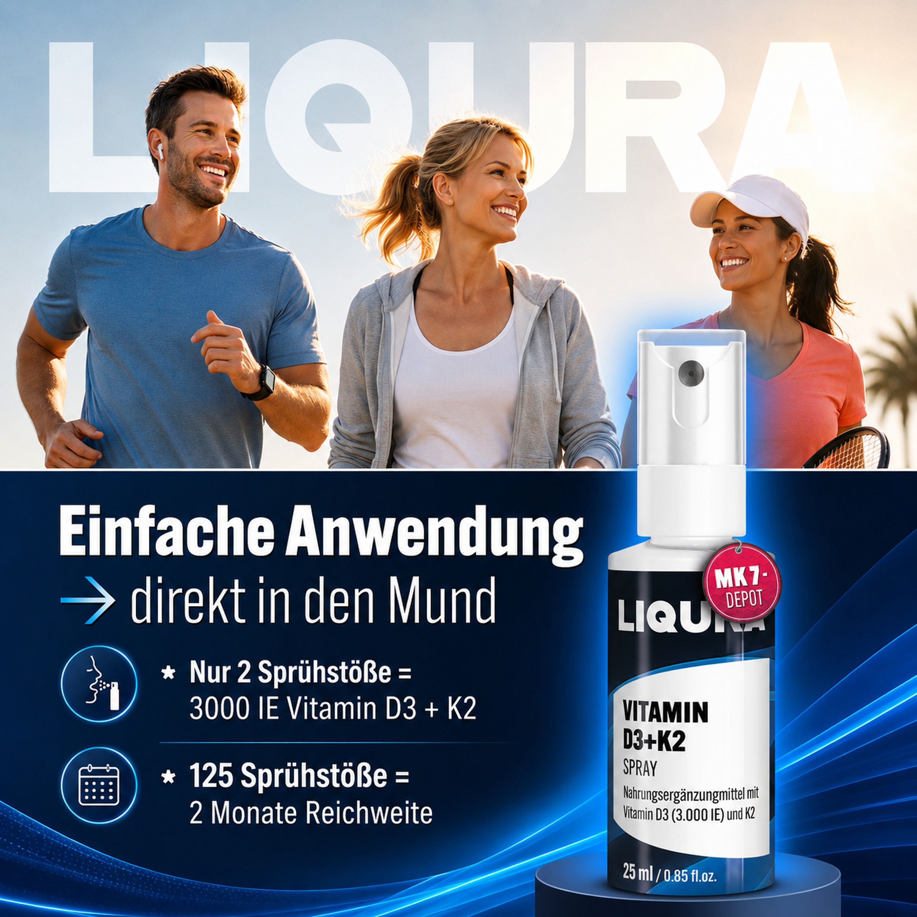 LIQURA Vitamin D3+K2 Spray: Einfache Anwendung direkt in den Mund.