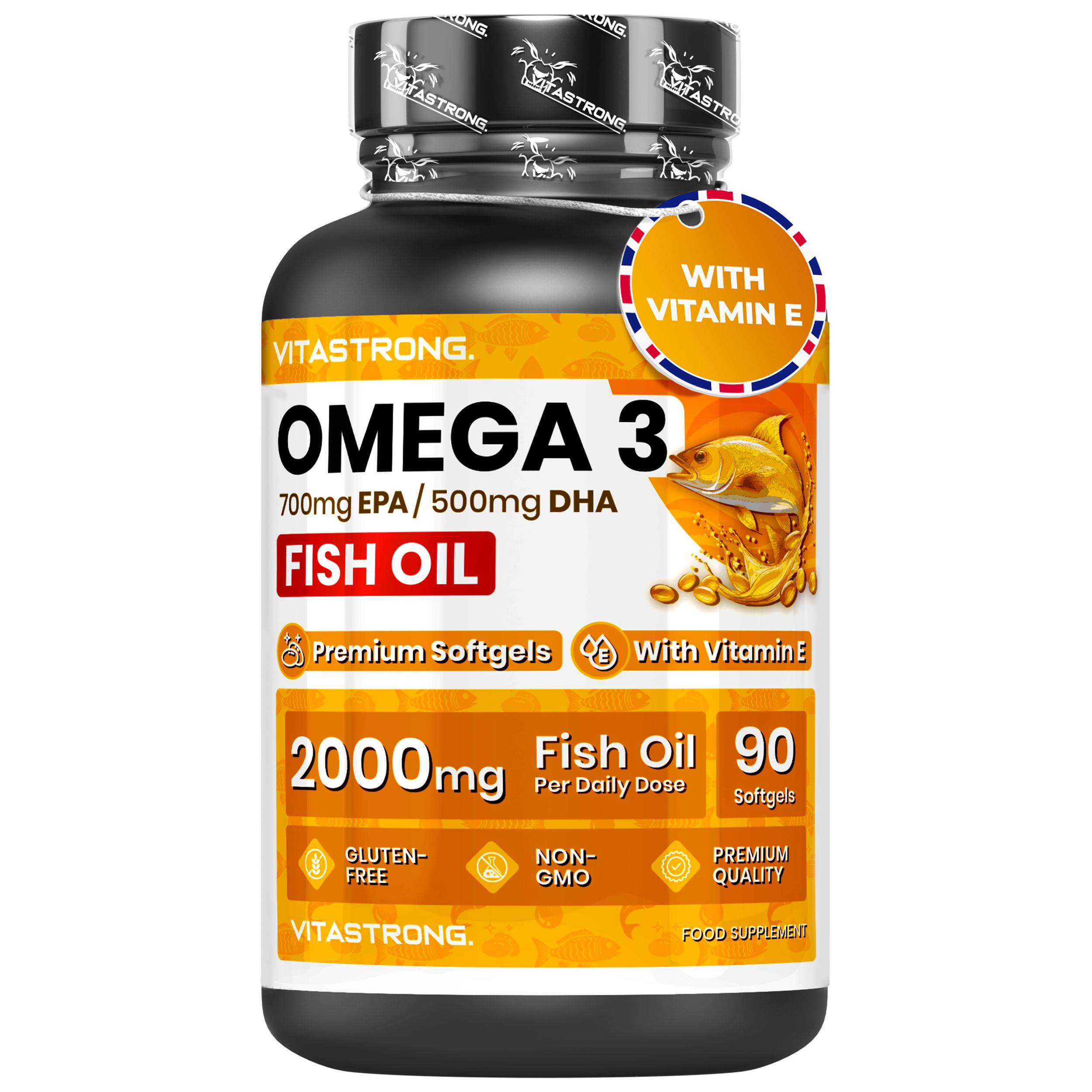 Schwarze Flasche mit Omega-3-Kapseln. Aufschrift: Vitastrong Omega 3. Mit Vitamin E. 90 Softgels. Fischöl.
