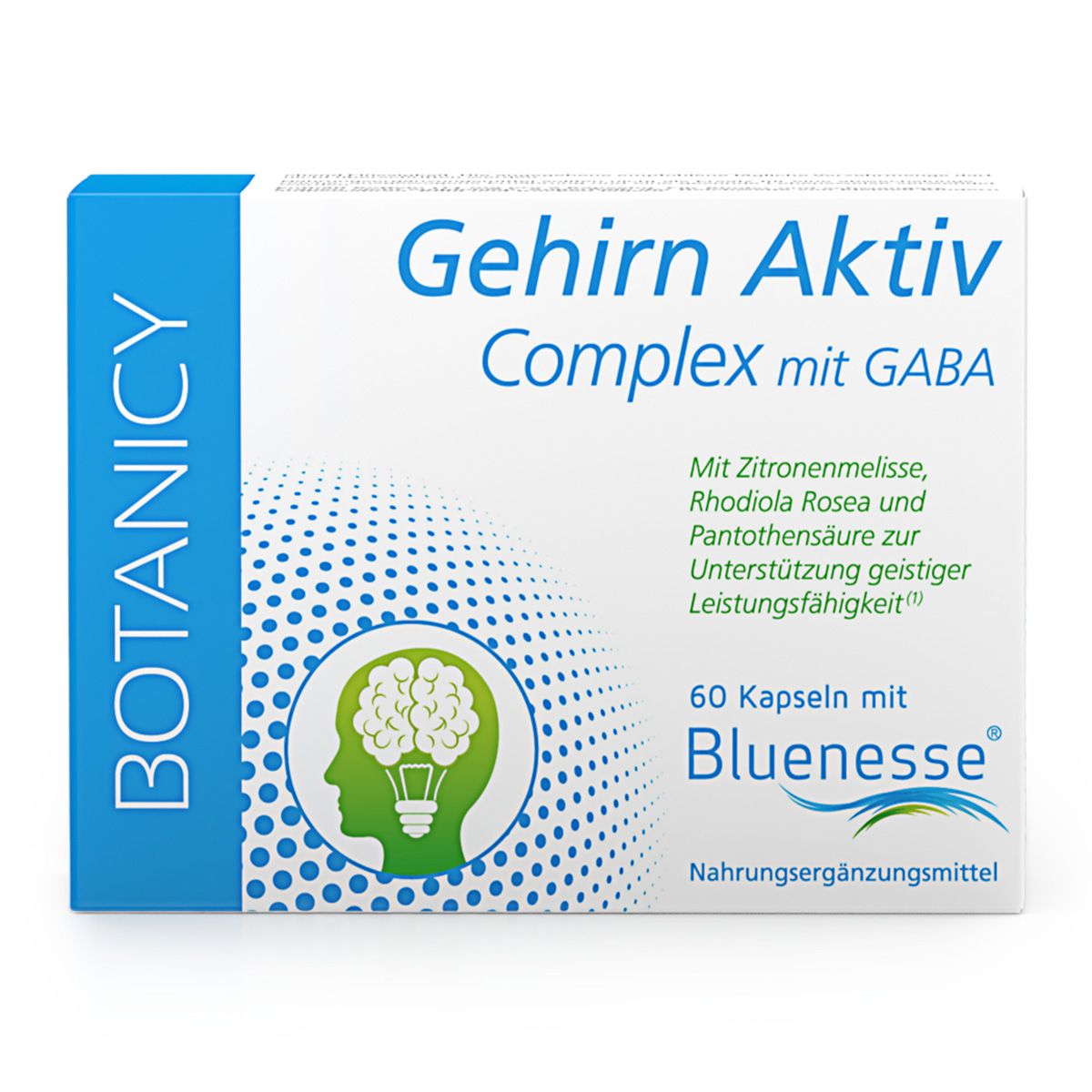 Packung Gehirn Aktiv Complex mit 60 Kapseln, enthält Zitrone, Rhodiola Rosea und Pantothensäure.