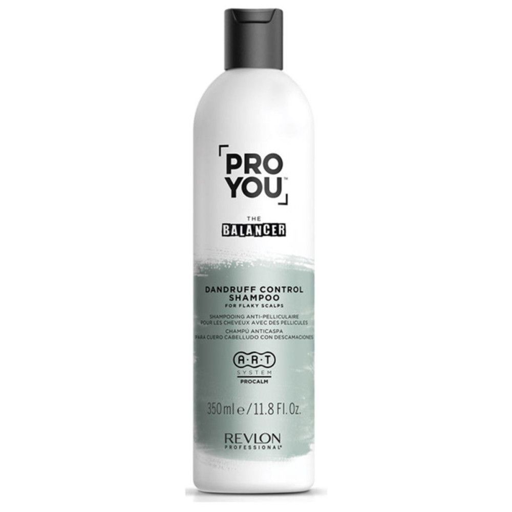 Weiße Flasche mit schwarzem Deckel. Aufschrift: PRO YOU, THE BALANCER, Dandruff Control Shampoo. Revlon Professional.