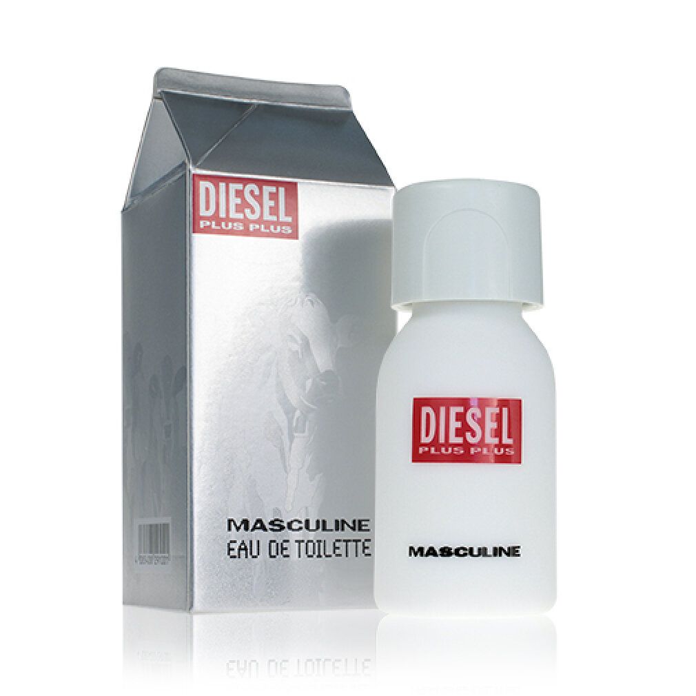 Diesel Plus Plus Masculine Eau de Toilette. Weiße Flasche mit rotem Logo. Silberne Verpackung mit Logo und Text.