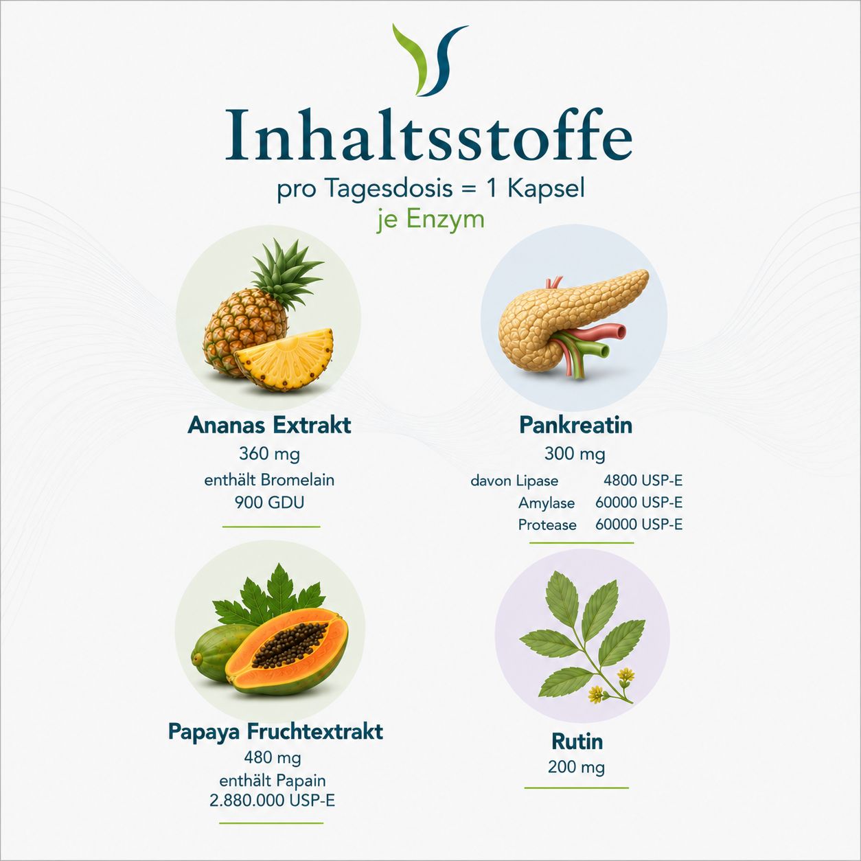 Inhaltsstoffe von Vitalsee QUATTROZYM: Ananas, Pankreatin, Papaya, Rutin.