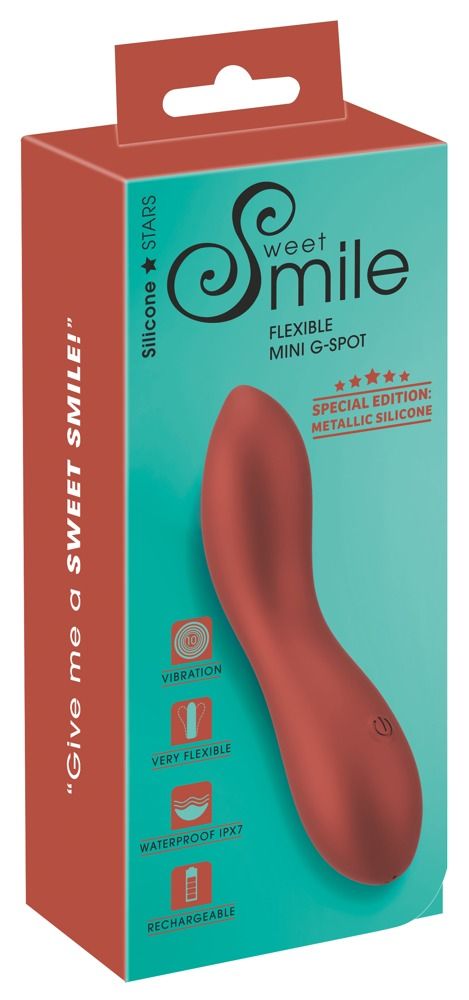 Verpackung eines roten G-Punkt-Minivibrators mit Produktmerkmalen wie 'Waterproof IPX7' und 'Rechargeable'.