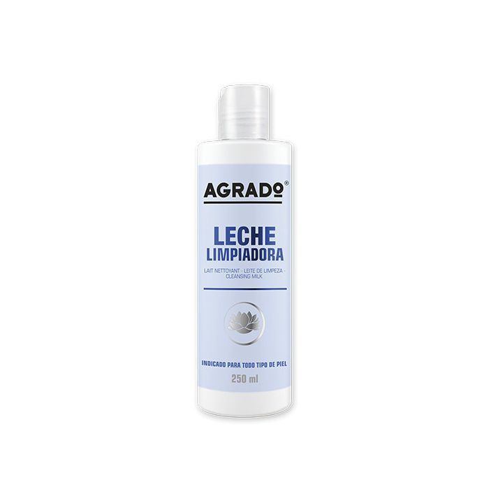 Flasche mit weißem Deckel. Aufschrift: AGRADO, LECHE LIMPIADORA, 250 ml. Blaue Etikett mit Lotusblüte.