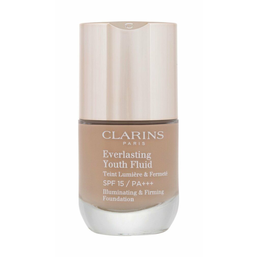 Clarins Everlasting Youth Fluid SPF 15. Flasche mit hellem Deckel und beigem Inhalt. Text: Teint Lumière & Fermeté.