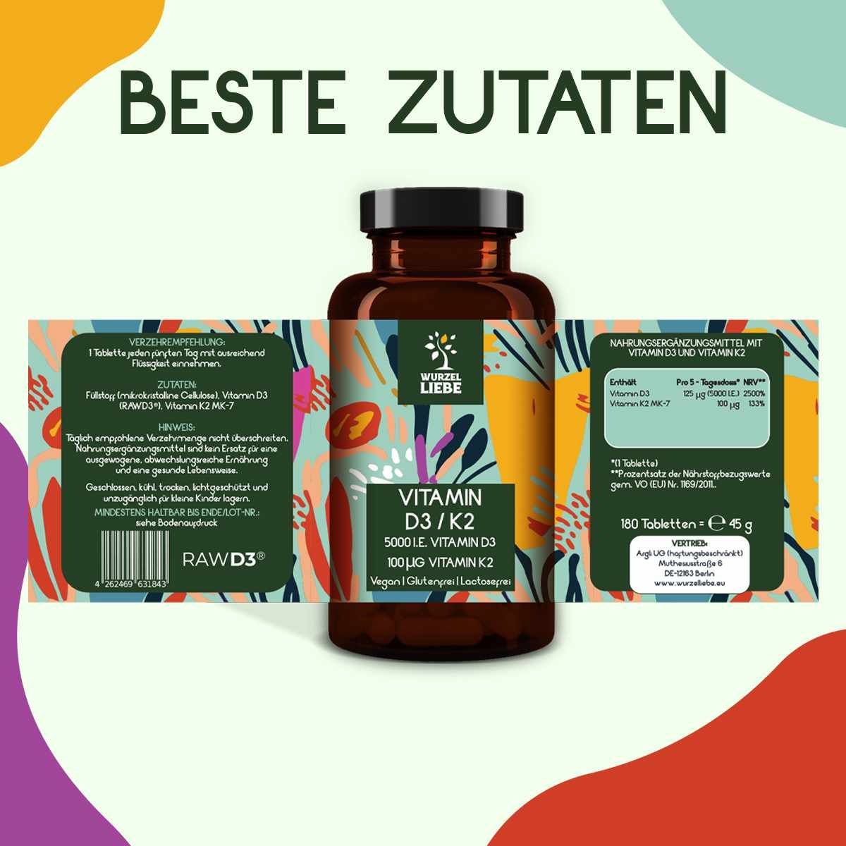 Braune Glasflasche WURZELLIEBE® Vitamin D3 K2. Aufschrift: Vitamin D3/K2, 5000 IE, 100 µg K2. Beipackzettel mit Nährwertangaben und Verzehrempfehlung.