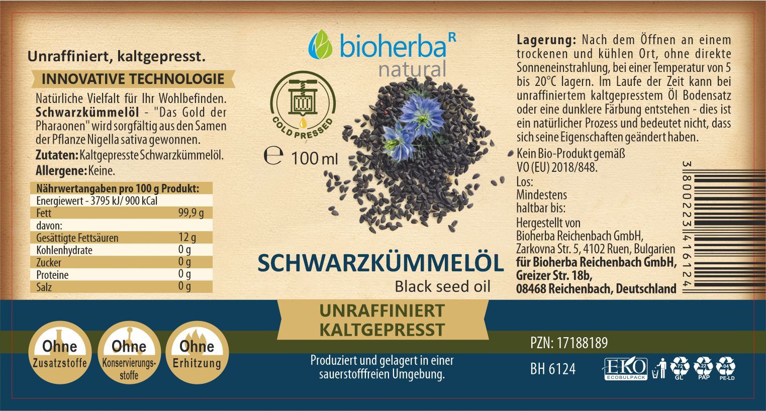 Etikett mit Produktinformationen. Schwarzkümmelöl, kaltgepresst, unraffiniert. Marke: Bioherba. Text in Deutsch.