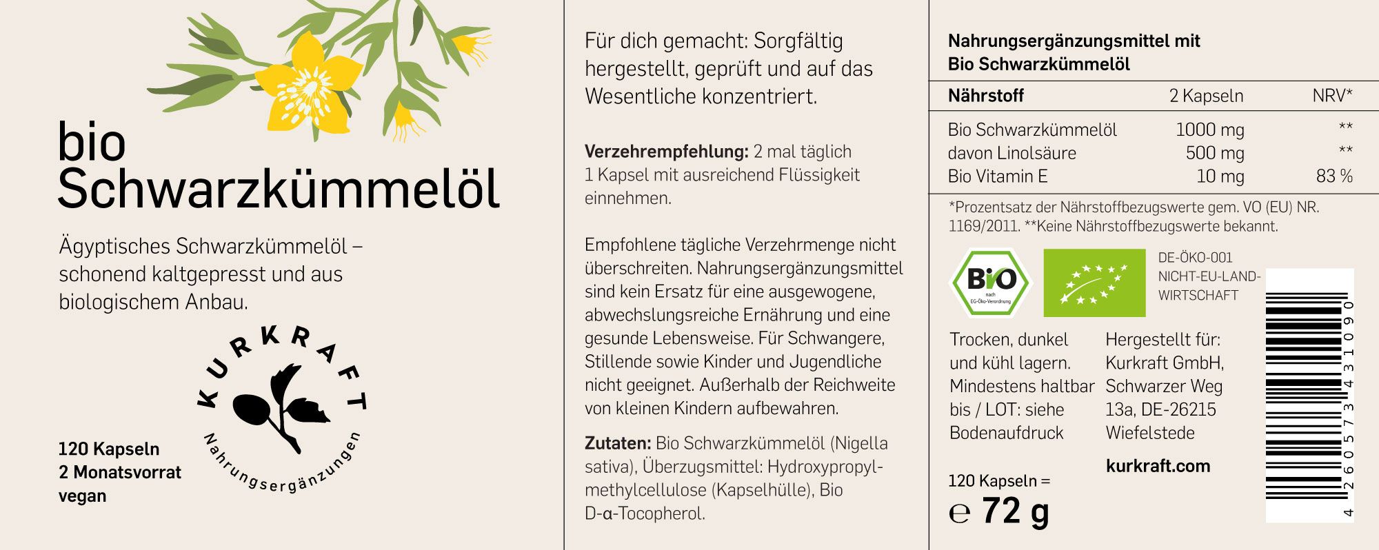 Etikett mit Text: Bio Schwarzkümmelöl, Kurkraft Logo, 120 Kapseln, 2 Monatsvorrat, vegan. Nährwertangaben. Bio-Siegel. Text: Hergestellt für Kurkraft GmbH.