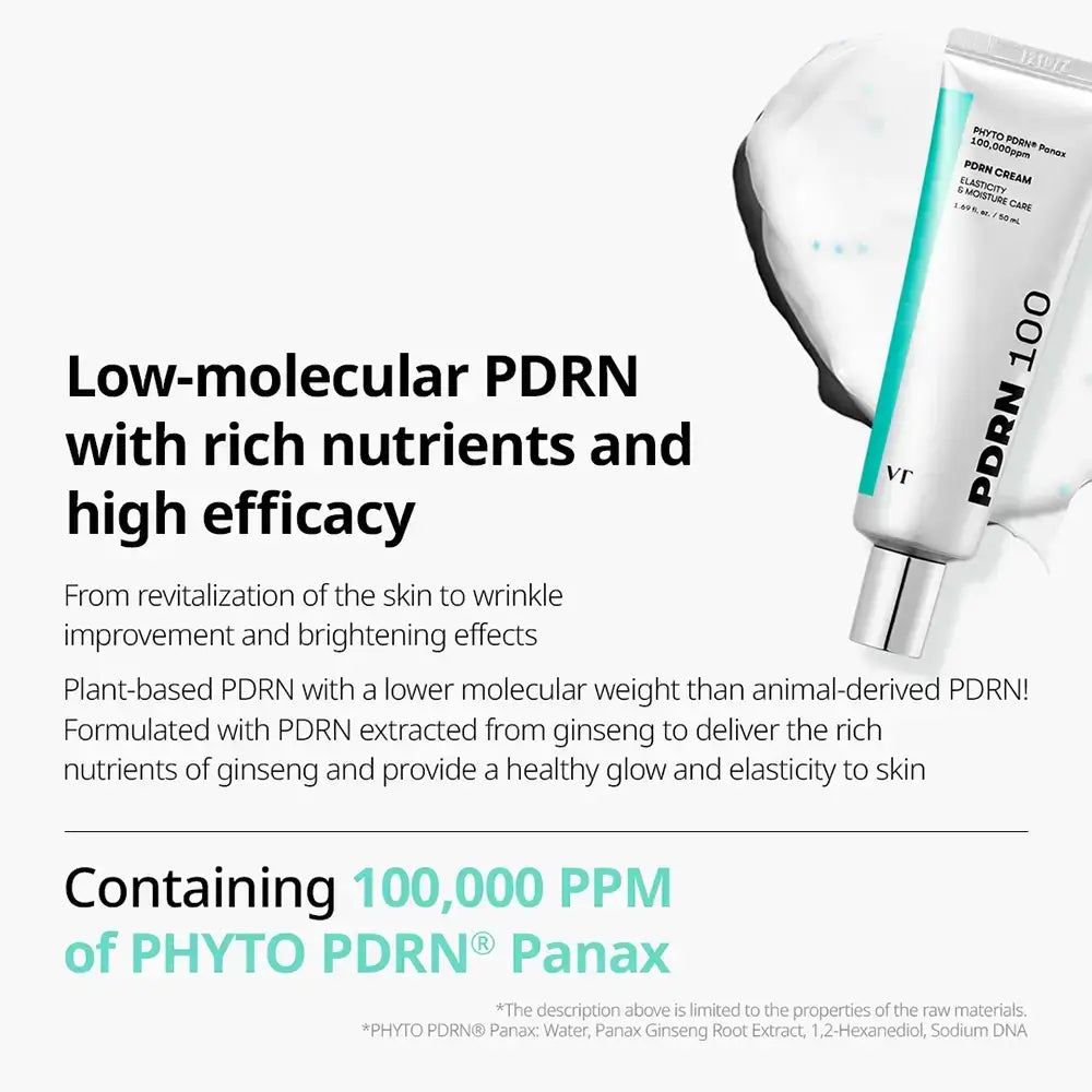 VT Cosmetics PDRN Cream 100 Tube mit silbernem Verschluss und türkisfarbenem Akzent.