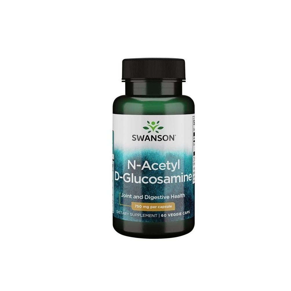 Grüne Flasche mit schwarzem Deckel. Aufschrift: SWANSON, N-Acetyl D-Glucosamin. Für Gelenk- und Verdauungsgesundheit. 60 Veggie Caps.
