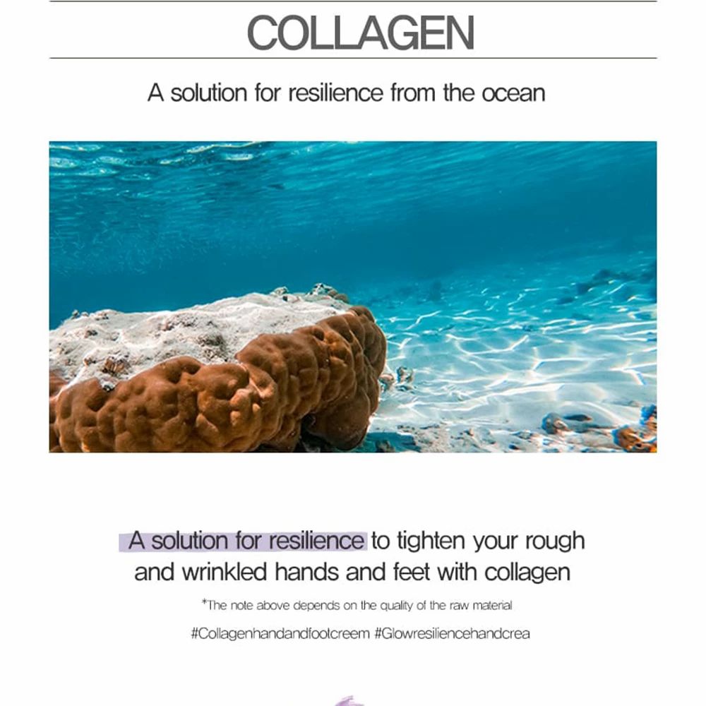Unterwasseraufnahme mit Korallen und blauem Wasser. Text: Collagen, Lösung für Widerstandsfähigkeit aus dem Meer. Text über Hände und Füße.