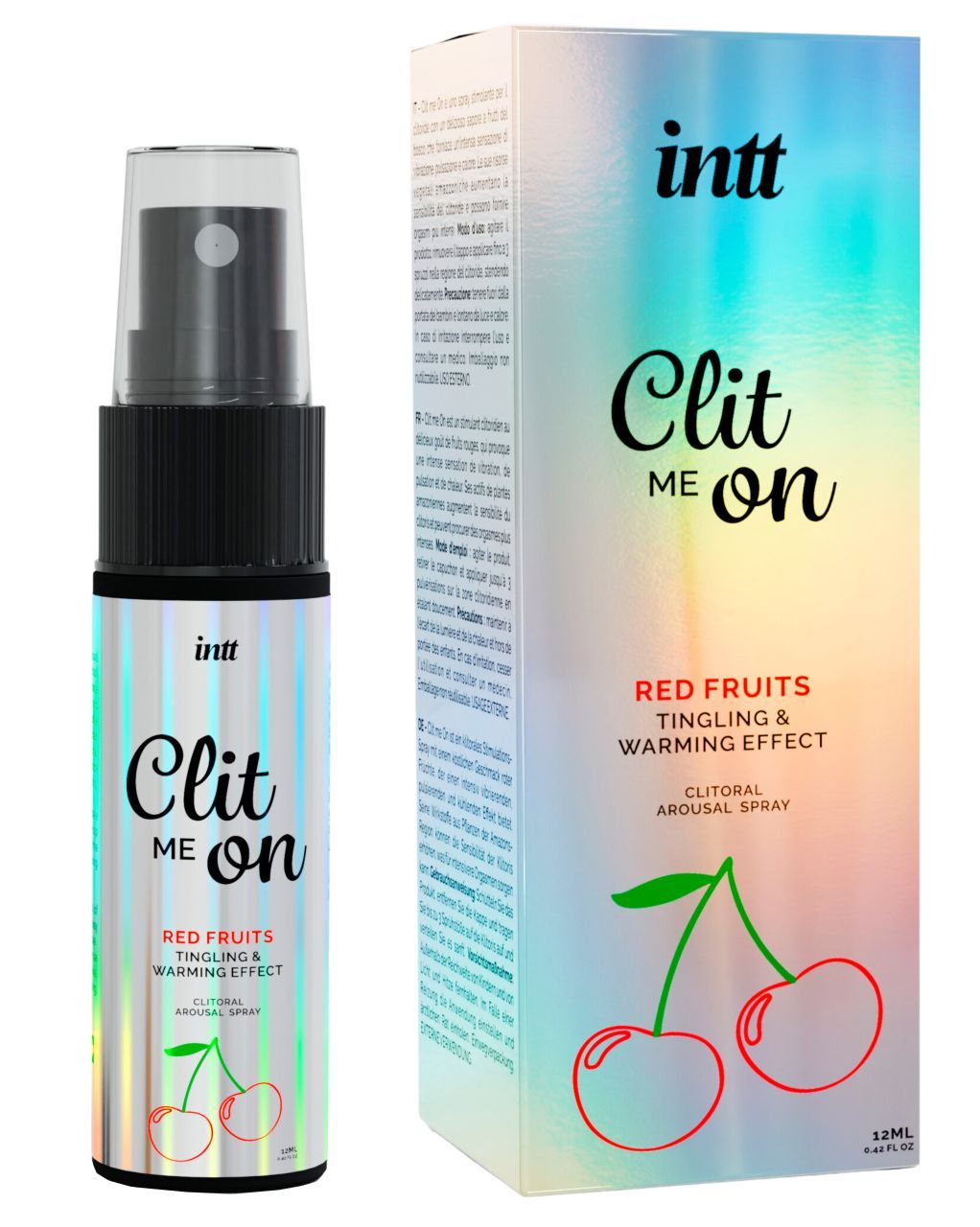 Produkt und Verpackung. Sprayflasche und Schachtel mit Aufschrift "intt Clit me on Red Fruits". Kirsch-Illustration.
