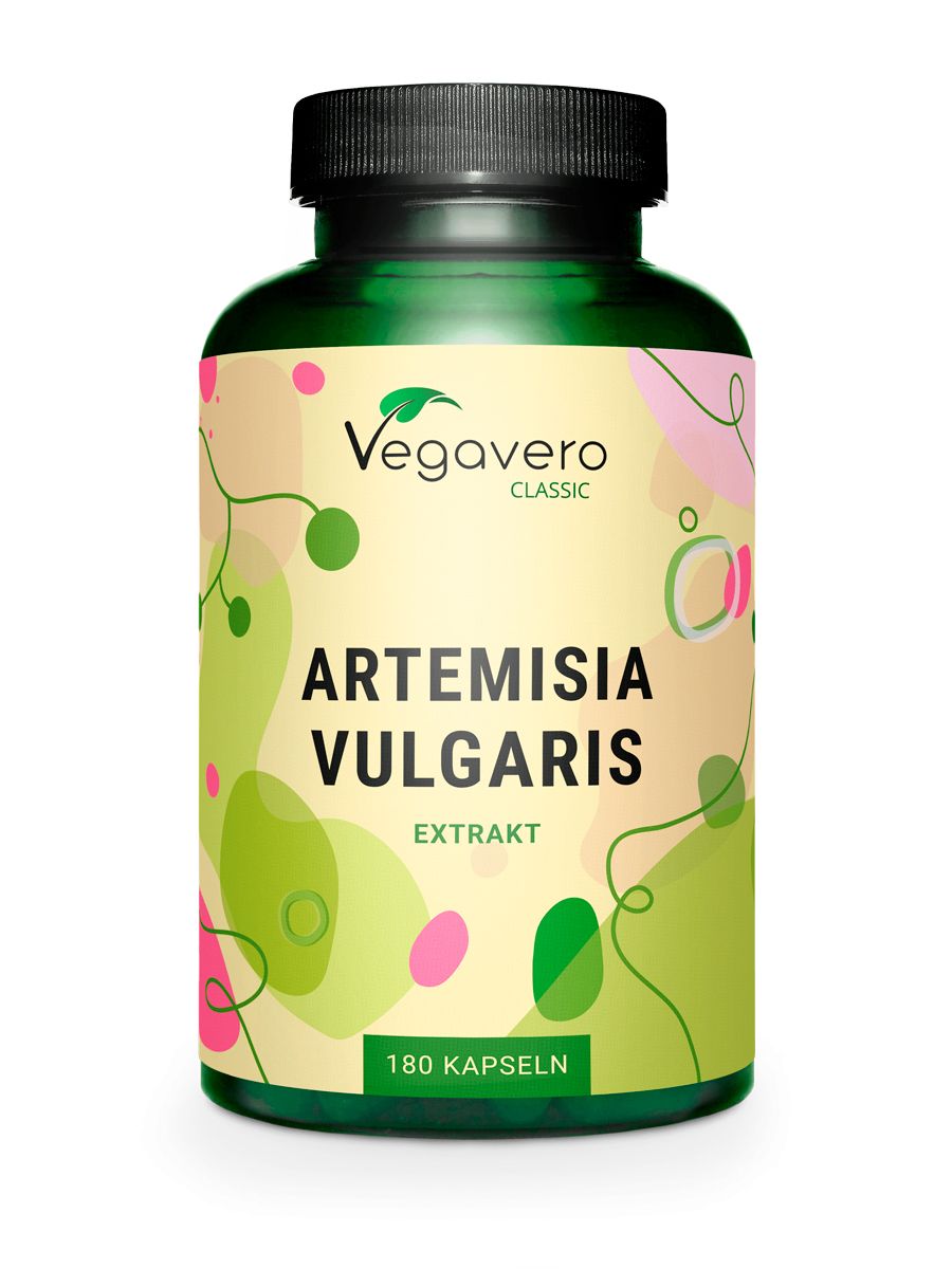 Grüne Flasche mit schwarzem Deckel. Aufschrift: Artemisia Vulgaris Extrakt. 180 Kapseln. Vegavaro Classic Logo.