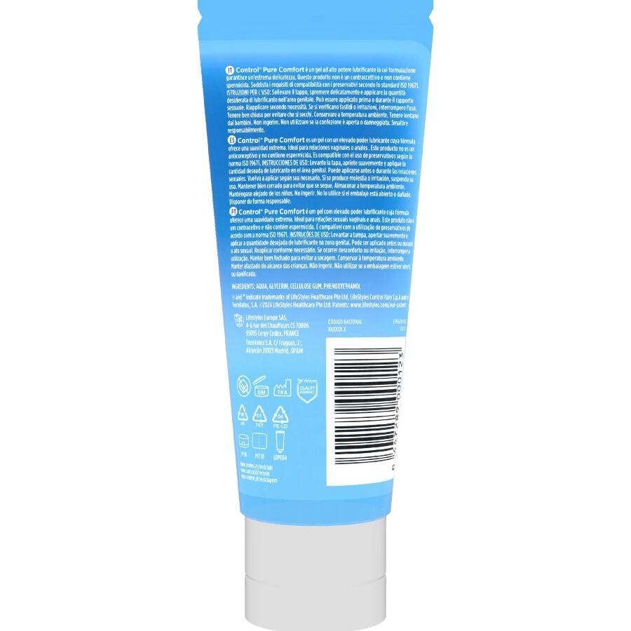 Blau-transparente Tube mit weißem Schraubverschluss. Text in mehreren Sprachen auf der Rückseite. Barcode und Recycling-Symbole.