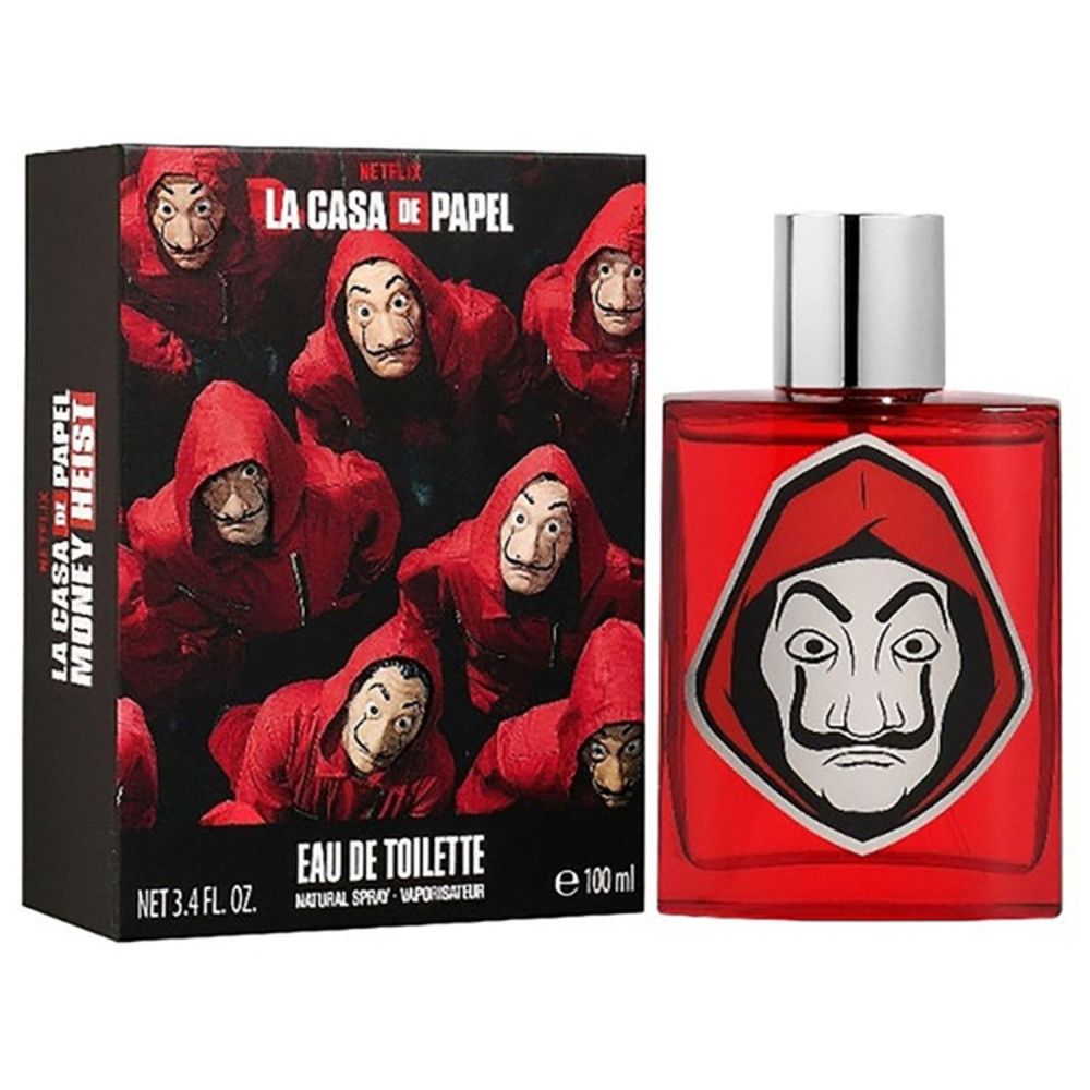 Rote Eau de Toilette-Flasche mit Maskenmotiv und Verpackung. Schwarze Schachtel mit Aufdruck "La Casa de Papel".