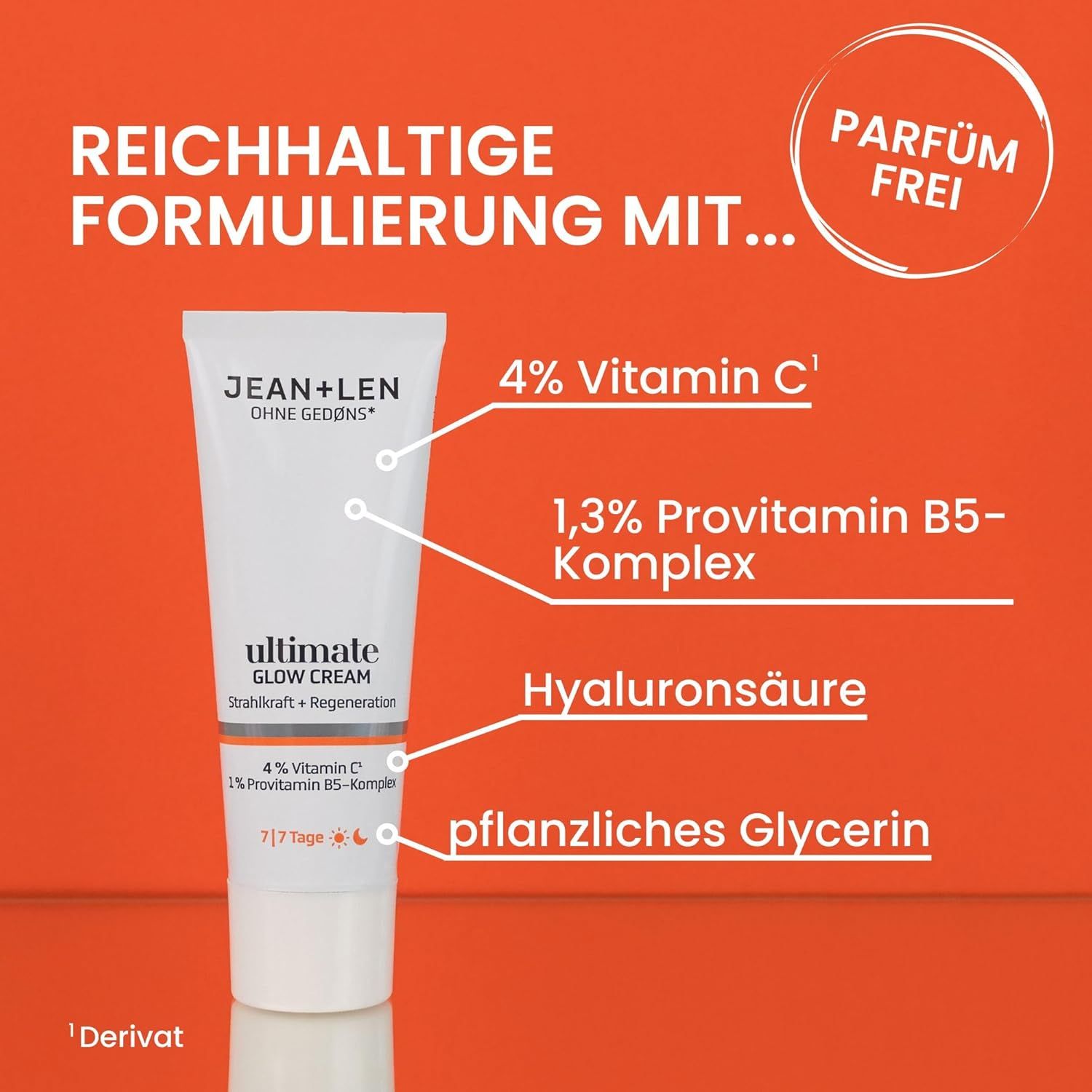 Weiße Tube mit Produktnamen und Inhaltsstoffen. Text: 4% Vitamin C, 1,3% Provitamin B5-Komplex, Hyaluronsäure, pflanzliches Glycerin.