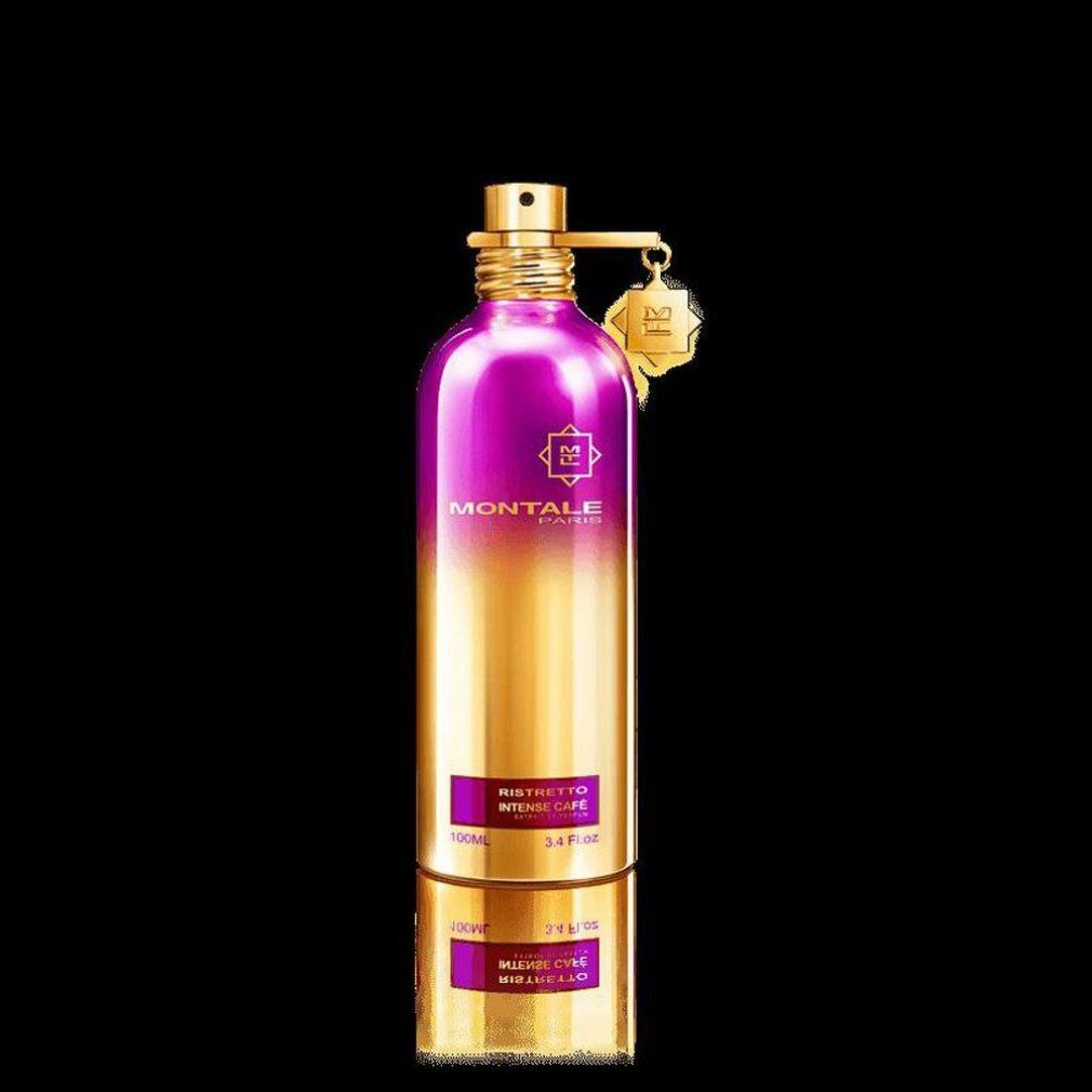 Gold-violette Flasche mit Aufschrift. Anhänger mit Logo. Text: Ristretto Intense Cafe, 100ml, 3.4 Fl.oz.