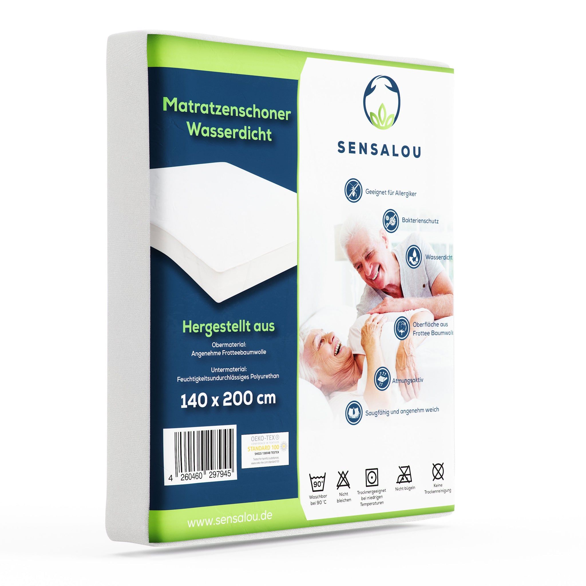 Verpackung mit Matratzenschoner. Text: Matratzenschoner wasserdicht, 140 x 200 cm. Sensalou Logo. Zertifizierungen.