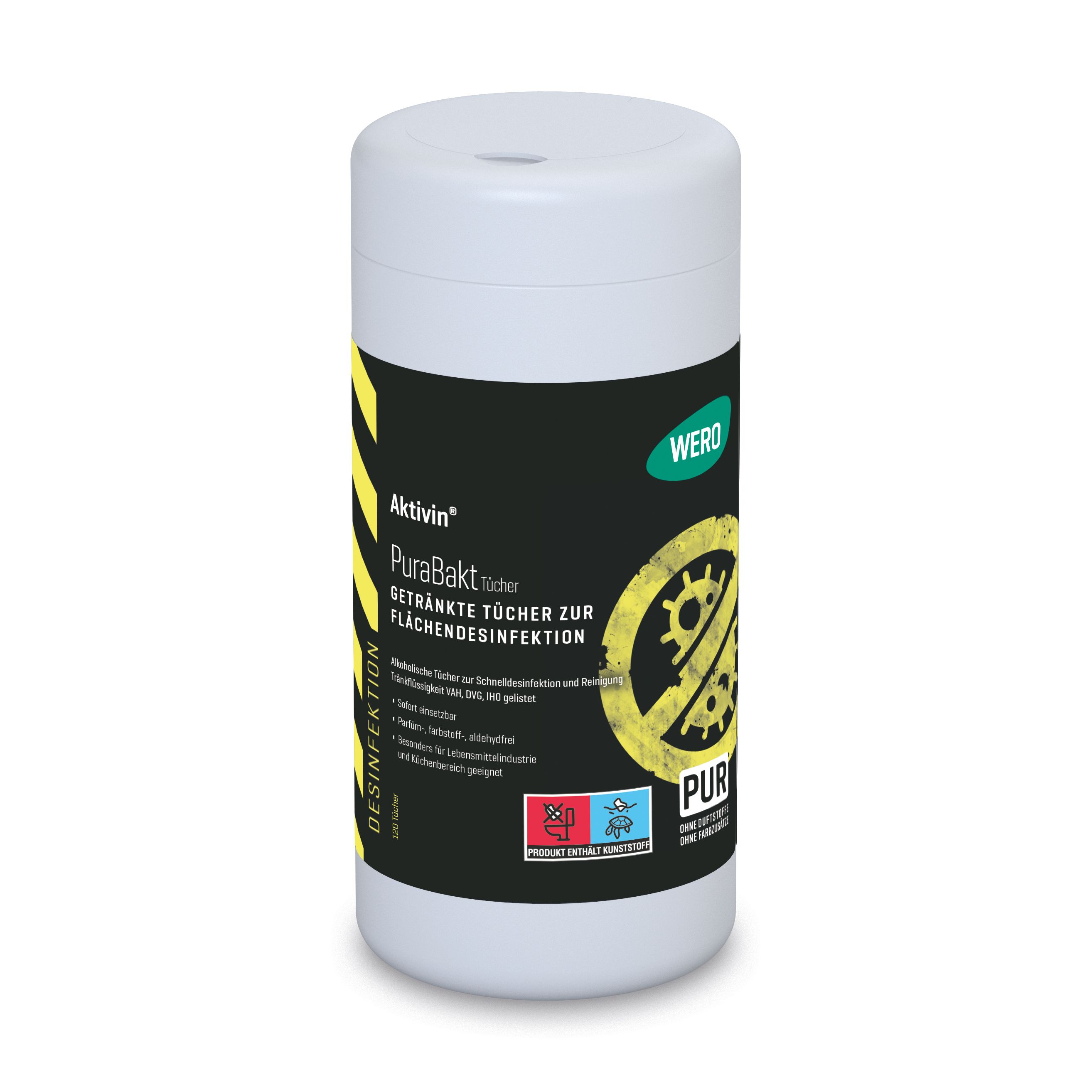 Zylinderförmige Spenderbox mit Aktivin PuraBakt Tüchern. Schwarzes Etikett mit gelben Akzenten und Produktinformationen. WERO Logo.