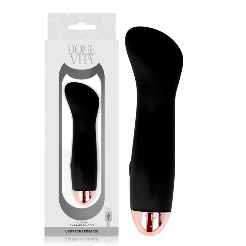 Schwarzer Silikon-Vibrator mit roségoldfarbenem Ende. In Verpackung mit Produktname und USB-Ladefunktion.