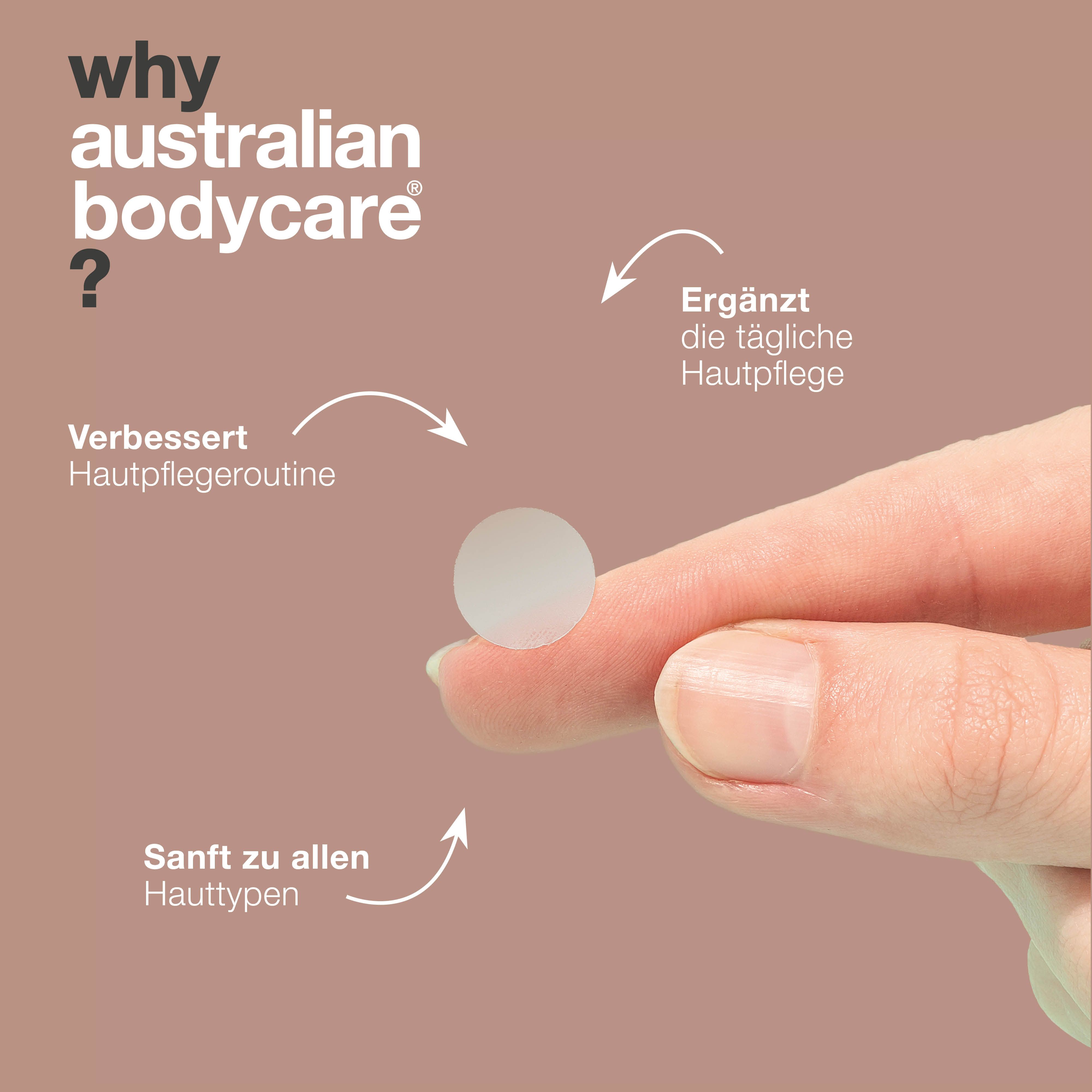 Ein Pickel Patch auf einem Finger. Text: Warum Australian Bodycare? Pfeile zeigen auf den Patch.