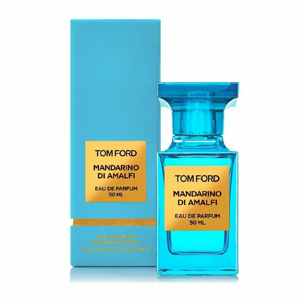 Hellblaues Parfumflakon und Schachtel. Auf Etiketten: Tom Ford Mandarino di Amalfi, Eau de Parfum, 50 ml.
