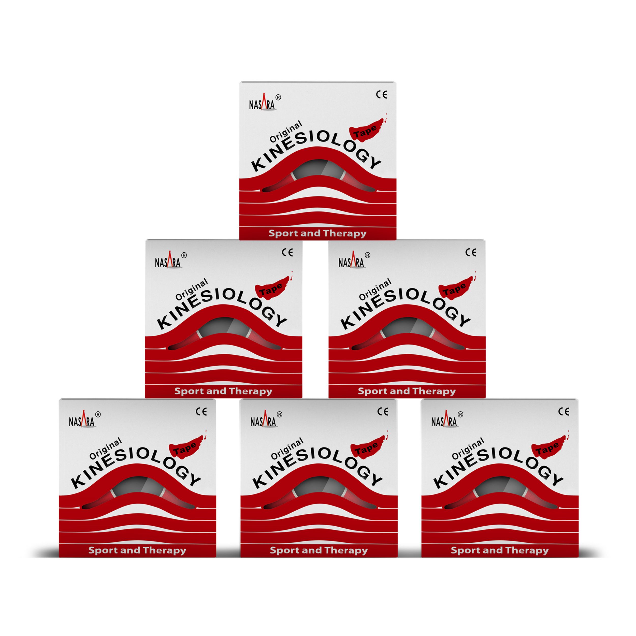 Sechs Kinesiologie Tape Boxen. Weiß mit roter Schrift. NASARA Logo. CE-Zeichen. "Original Kinesiology".