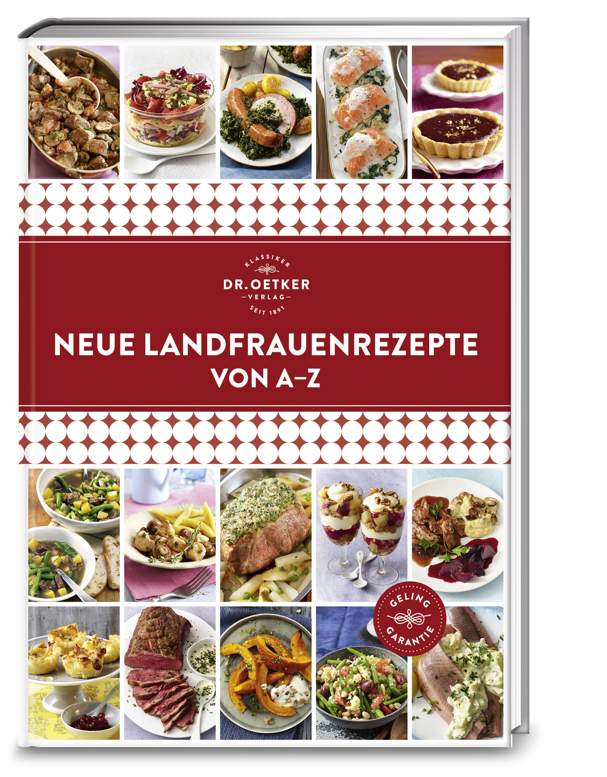 Buchcover mit dem Titel "Neue Landfrauenrezepte von A-Z". Das Buch zeigt verschiedene Gerichte. Logo von Dr. Oetker.