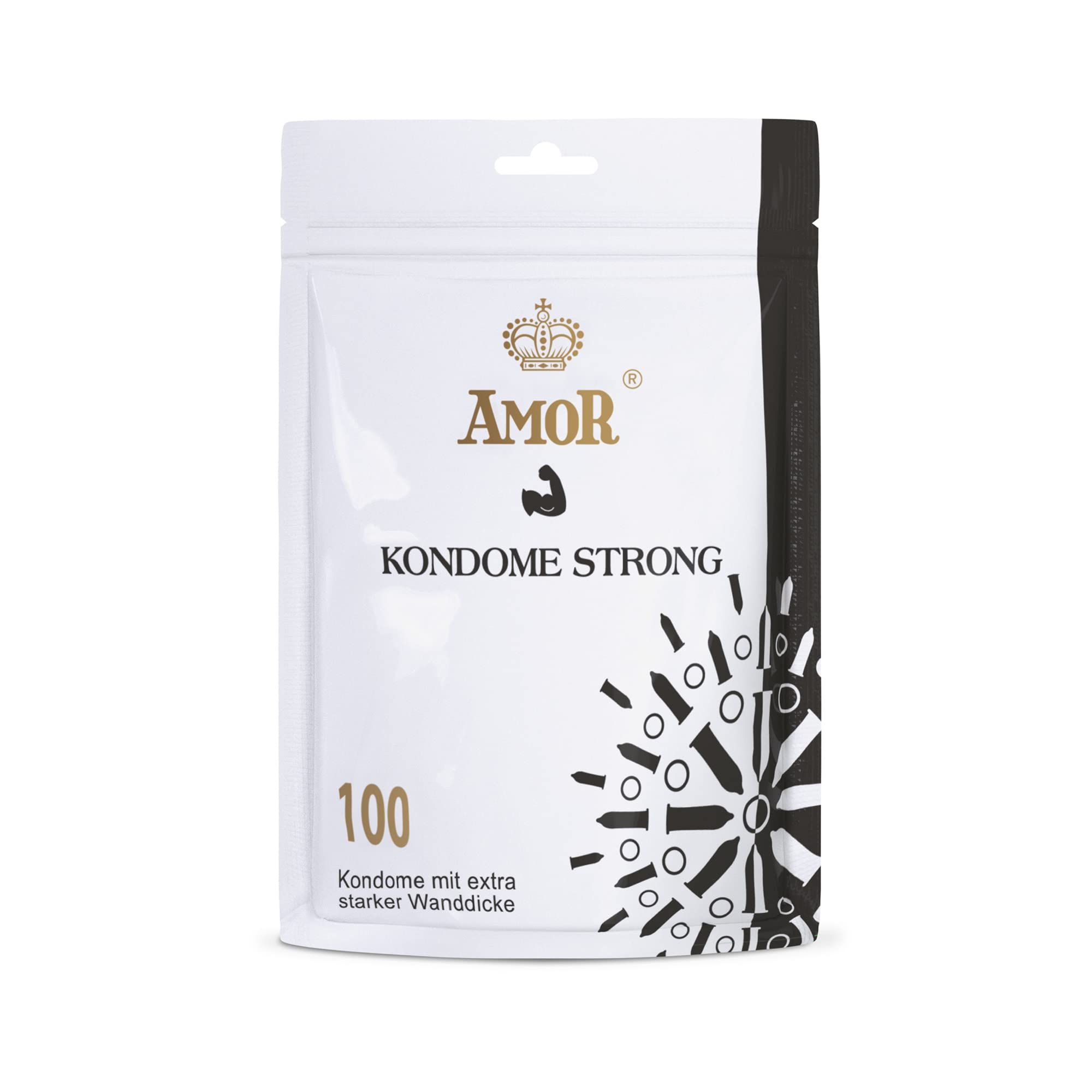 Amor Kondome Strong Packung, 100 Stück, mit starker Wanddicke.