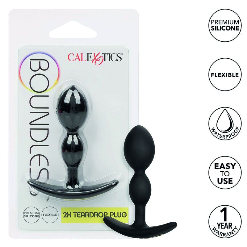 Schwarzer Analplug mit tropfenförmigem Kopf und T-förmiger Basis. Verpackung mit Produktnamen und Logos.