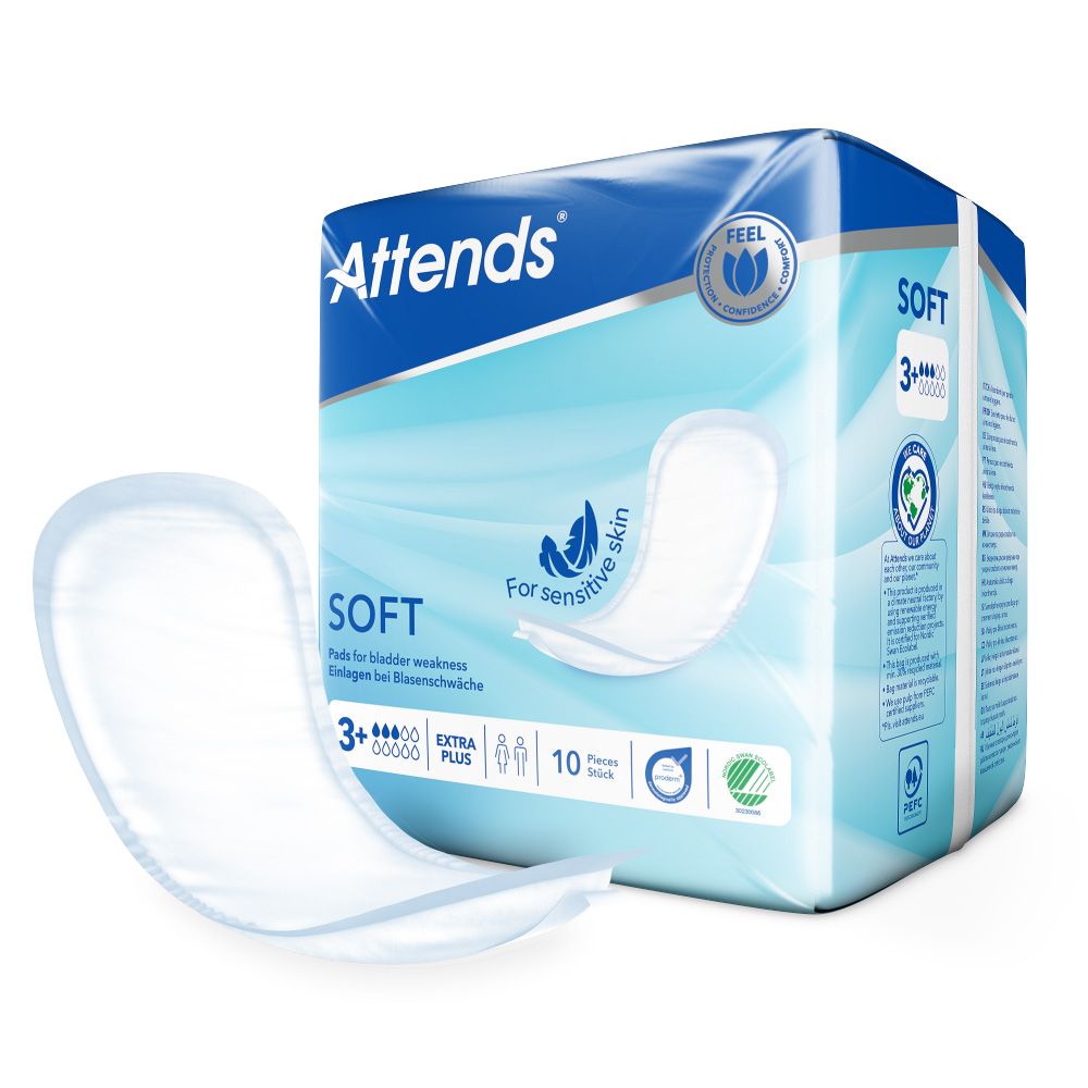 Packung Attends Soft 3 Extra Plus. Blaue Verpackung mit Produktabbildung. Einzelne Einlage daneben. Text: Soft, 3+ Extra Plus, für empfindliche Haut.