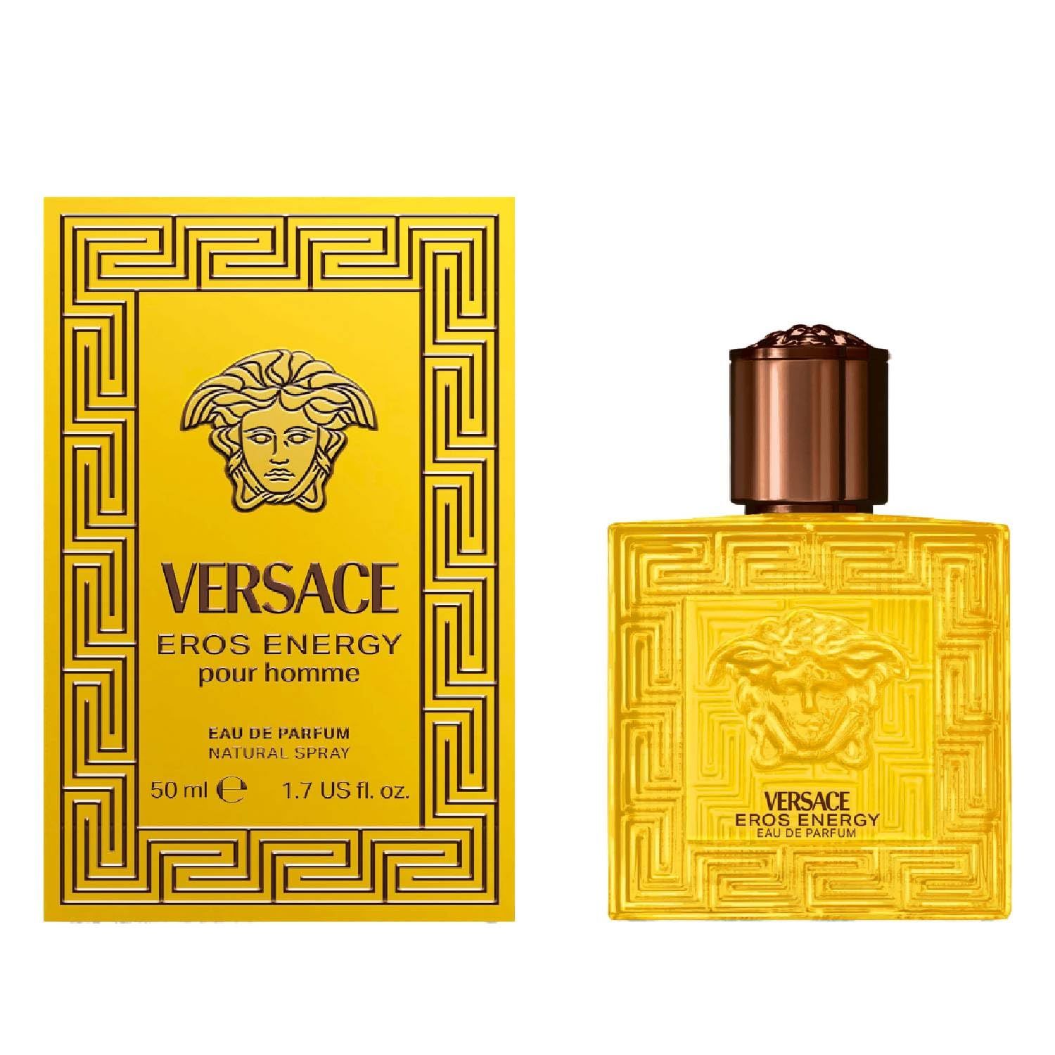 Gelber Flakon und Verpackung. Aufschrift: Versace Eros Energy. Eckiger Flakon mit braunem Deckel. Verpackung mit Medusa-Logo.