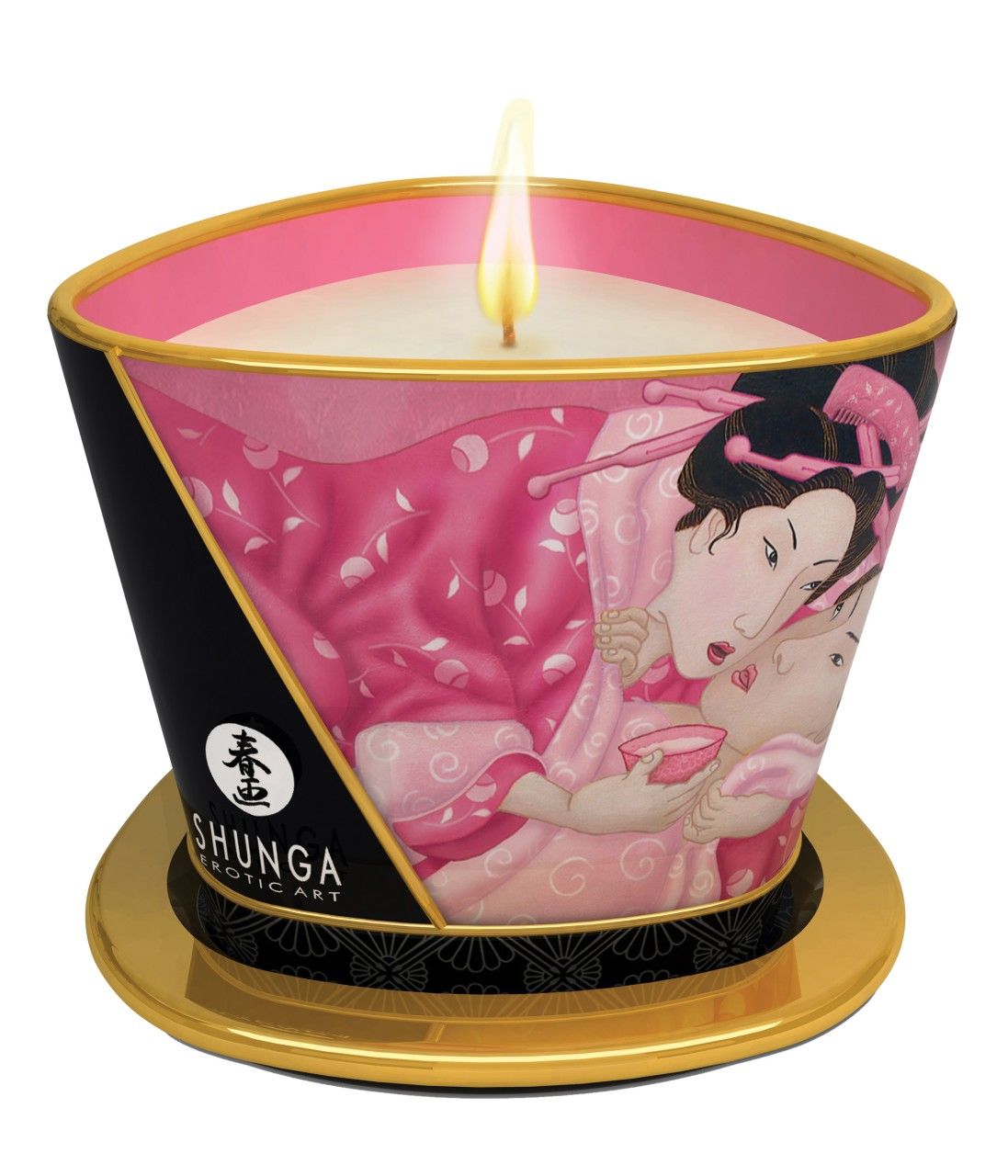Brennende Massagekerze mit rosa und schwarzen Verzierungen, die ein japanisches Paar zeigen. Auf goldener Unterlage.