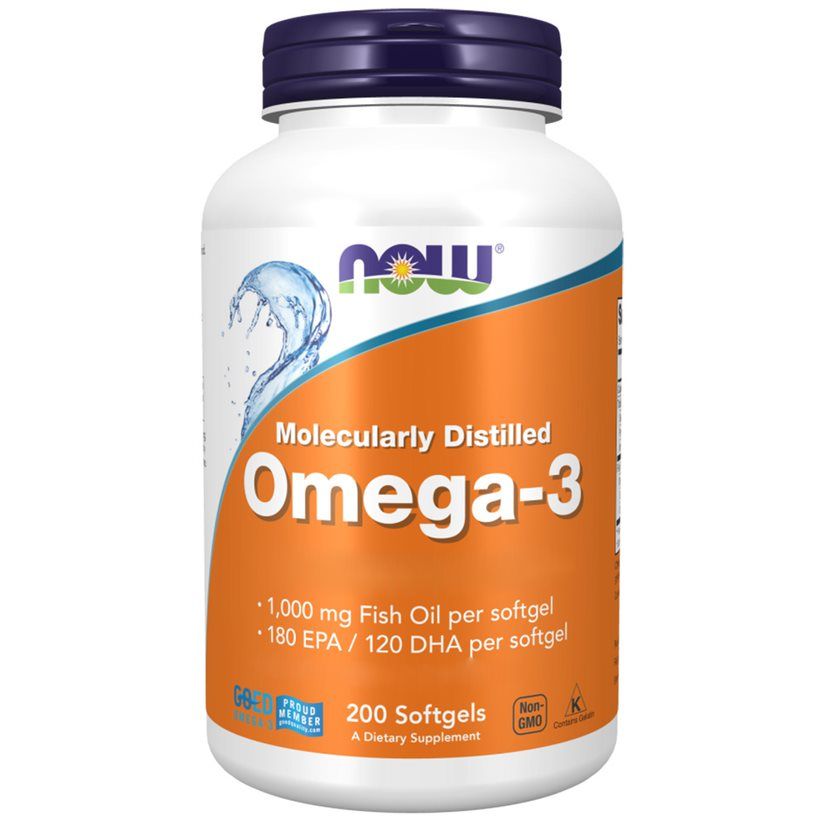 Weiße Flasche mit blauem Deckel. Orangefarbenes Etikett mit Produktnamen: Molecularly Distilled Omega-3. Marke: Now Foods.