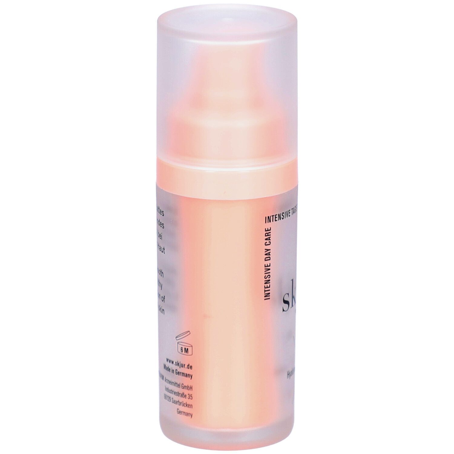 Creme-Spender mit durchsichtiger Kappe. Aufschrift: skjur. Aufdruck: Intensive Tagespflege. Rückseite mit Text und Logo.