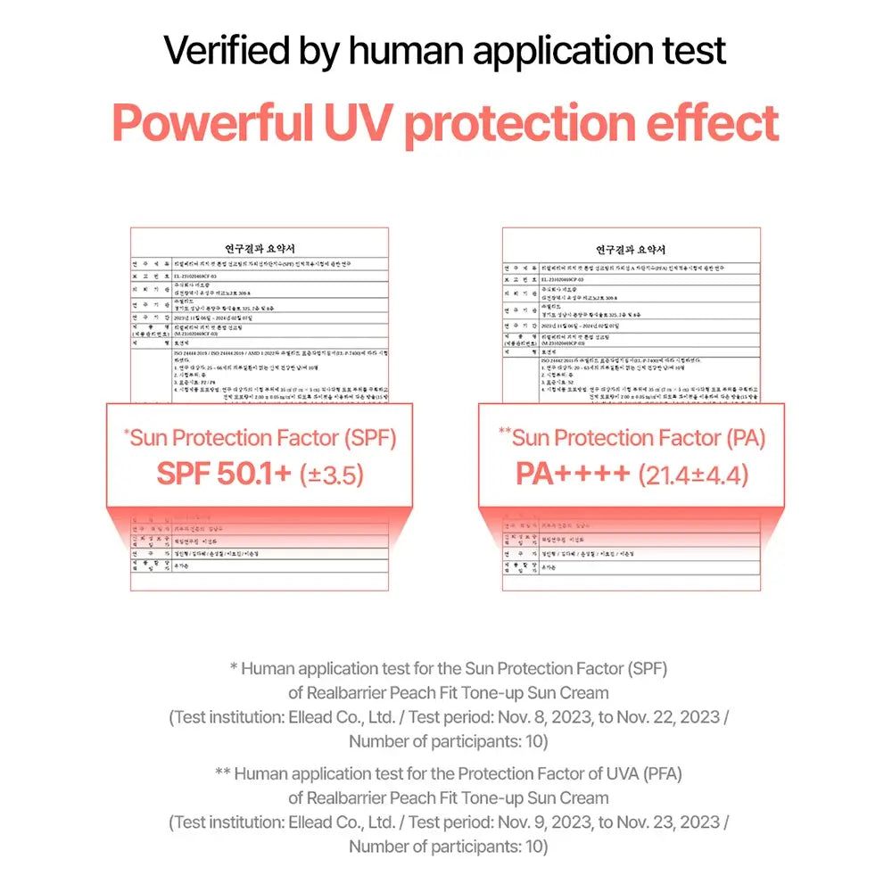 Zwei Dokumente mit Testergebnissen. SPF 50.1+ und PA++++. Text: Human application test für Realbarrier Peach Fit Tone-Up Sun Cream.