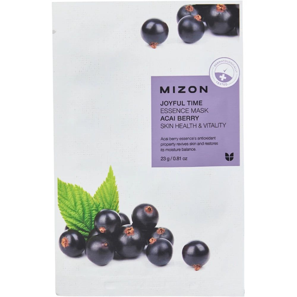 Produktverpackung mit Text: MIZON Joyful Time Essence Mask Acai Berry. Abbildung von Acai-Beeren und Blättern.