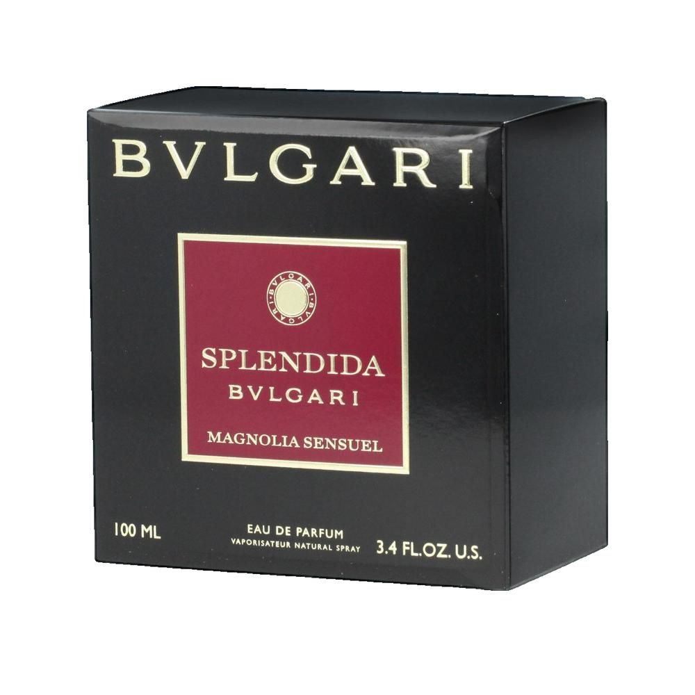 Schwarzer Karton mit Bvlgari-Logo und Splendida Magnolia Sensuel-Etikett. 100 ml, Eau de Parfum, 3.4 FL. OZ. U.S.