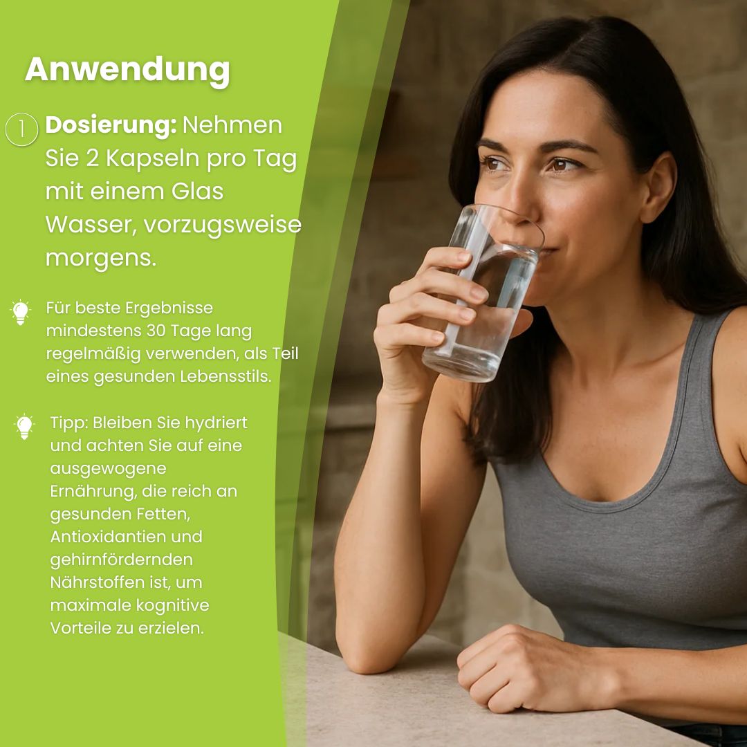 Frau trinkt Wasser. Text auf Deutsch über Anwendung und Dosierung von Biostile Brain Support.