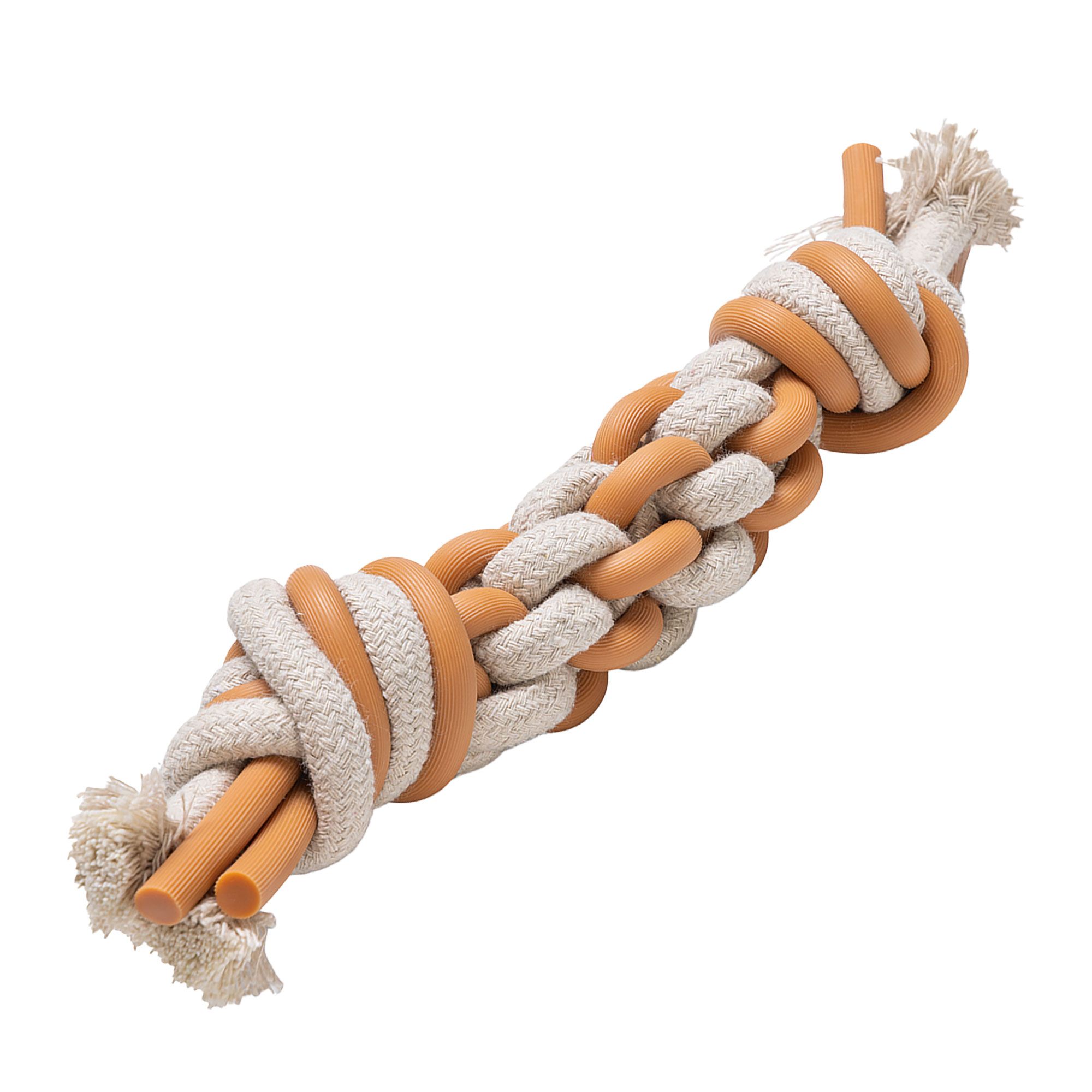 Zahnpflegespielzeug. Geflochtenes Seil mit orangefarbenen Ringen und Enden. Beige und orangefarbene Farben.