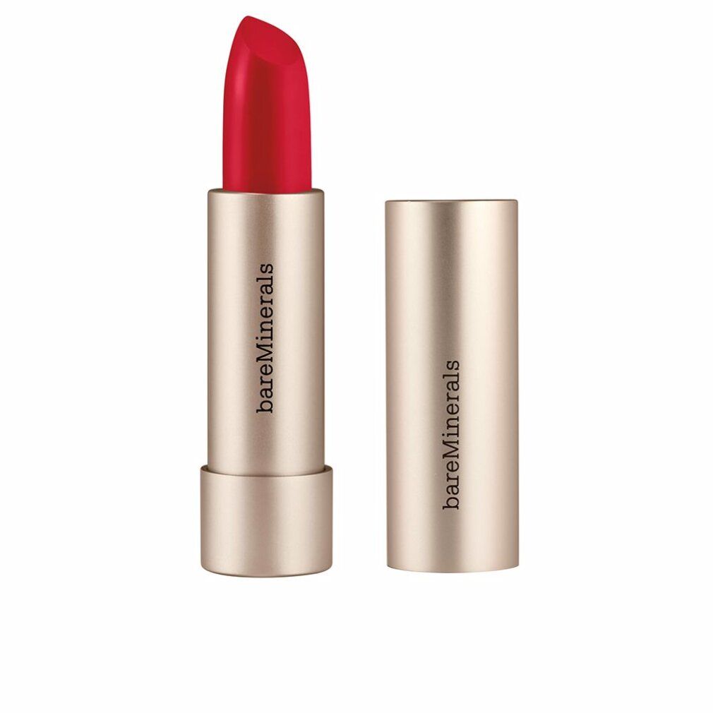 Roter Lippenstift mit goldfarbener Hülse. Marke: bareMinerals. Deckel daneben.