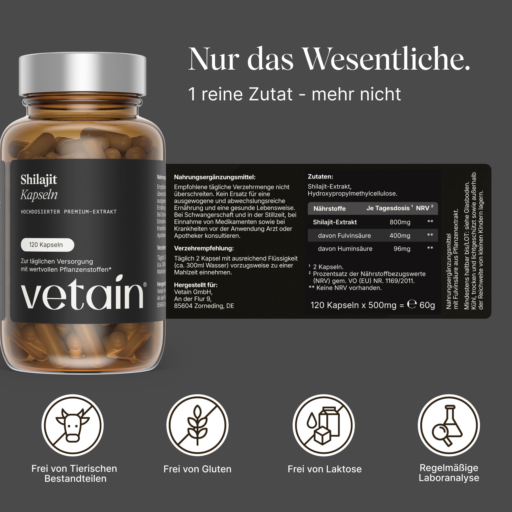 VETAIN Shilajit Kapseln: Braunglasflasche mit 100 Kapseln, Etikett mit Nährwertangaben und Siegeln.