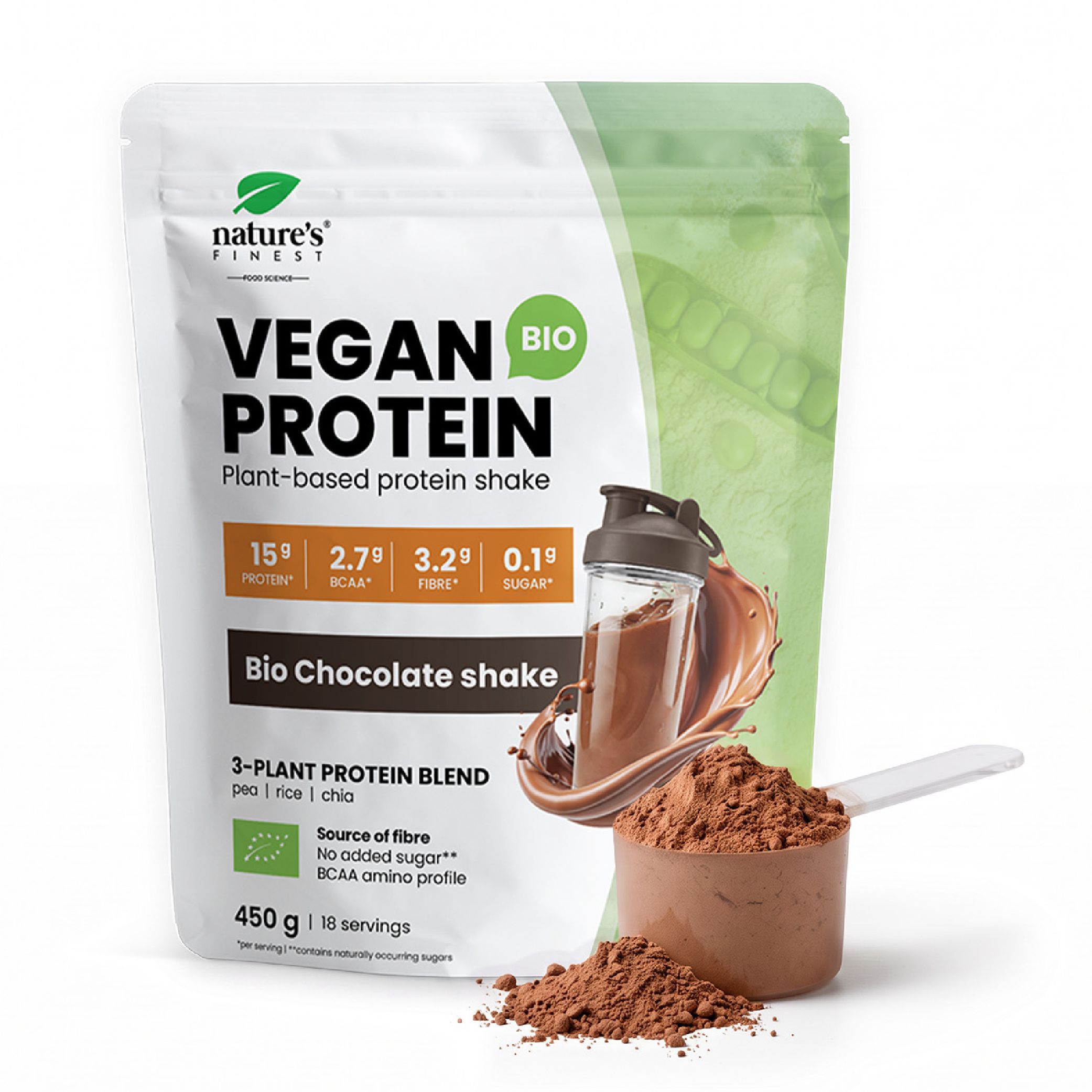 Nature's Finest Vegan Protein Bio Schokoladen-Shake mit Shaker und Messlöffel.