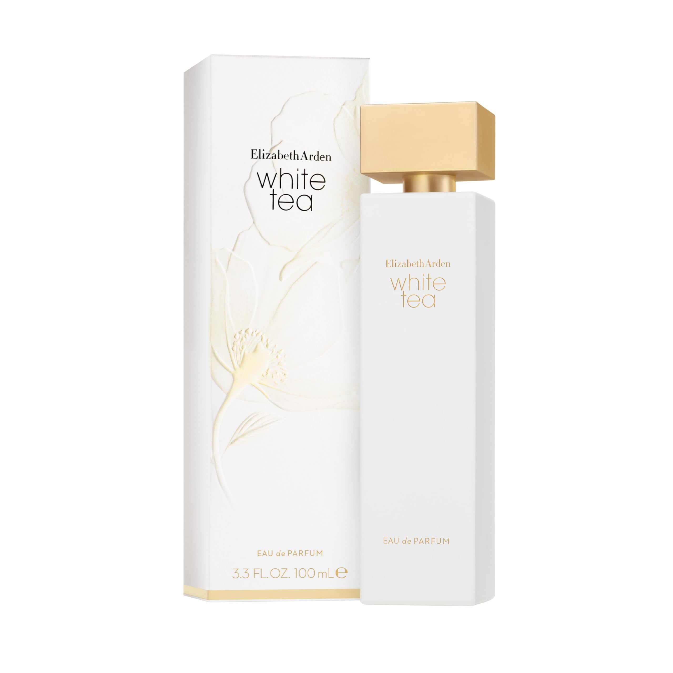 Weißes Parfümflakon und Verpackung. Aufschrift: White Tea. Goldfarbener Verschluss. Floral-Design auf der Verpackung.