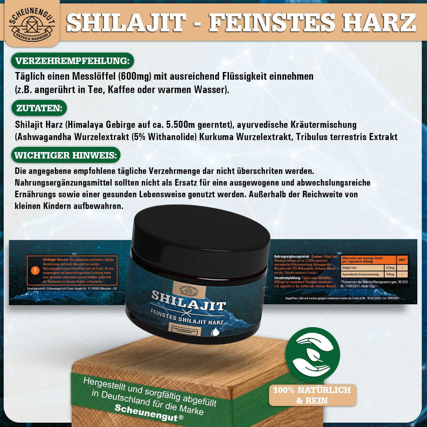 Scheunengut Shilajit Harz: 100% natürlich & rein, hergestellt in Deutschland. Mit Dosierlöffel.